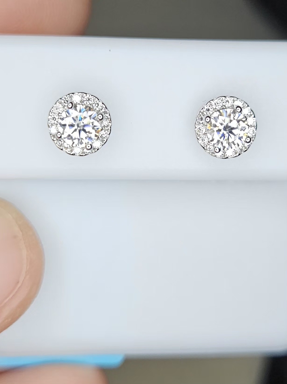 925 Sterling Silver Moissanite Halo Round Stud Earrings - Picture 6 of 10